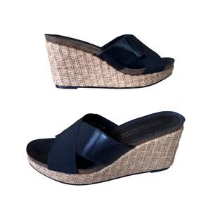 Donald Pliner Basic Elastic Leather Straw Covered Platform Wedge Shoe $220 NIB